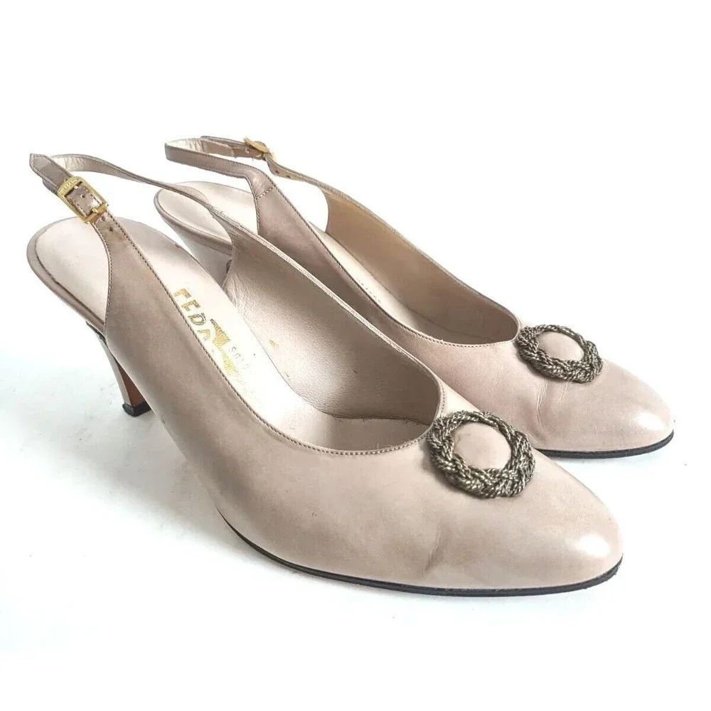 SALVATORE FERRAGAMO Beige Nude Leather Slingback Low Heels Gold Ring Pump 7.5